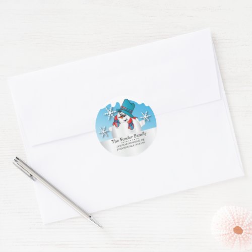 Cute Winter Snowman Address Classic Round Sticker