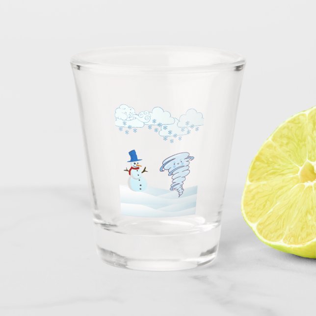 Cute winter snowman and wind shot glass (Front)