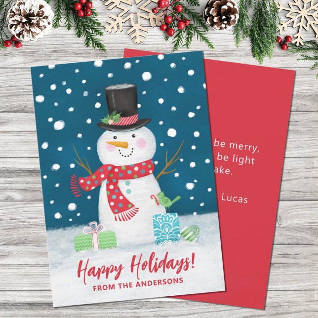 Cute Winter Snowman Christmas Happy Holidays Card (A cute festive holiday snowman decorates this Christmas card. Personalize it with your name.)