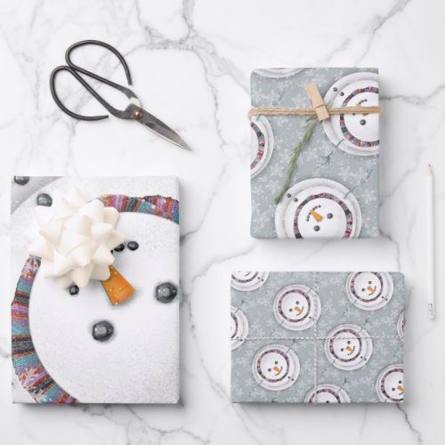 Cute Winter Snowman Gazing Up At Snow Set of 3 Wrapping Paper Sheets