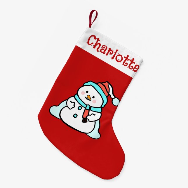 Cute Winter Snowman | Kids Name Red Small Christmas Stocking (Front (Hanging))