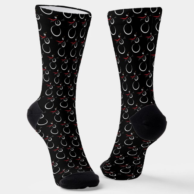 Cute Winter Snowman Pattern Black Socks (Angled)