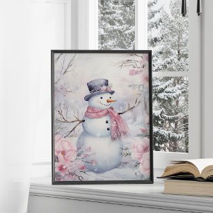 Cute Winter Snowman Pink Flowers Poster