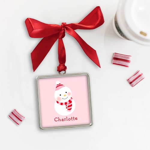 Cute Winter Snowman Pink Red Custom Name Metal Ornament