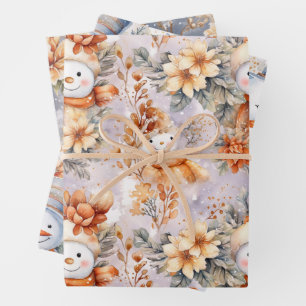 Cute Winter Snowmen Floral Scene Cream Watercolor Wrapping Paper Sheets