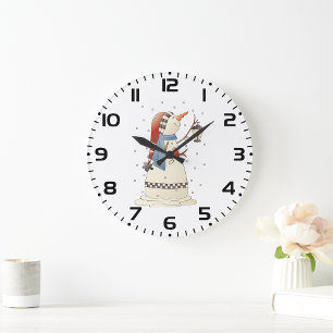 Cute Winter Snowwoman with Lantern Large Clock