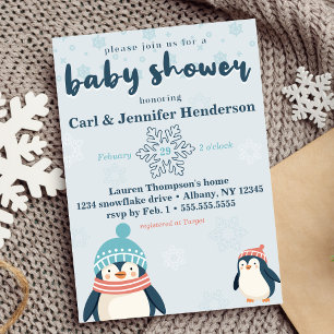 Cute Winter Snowy Penguin Baby Shower Invitation