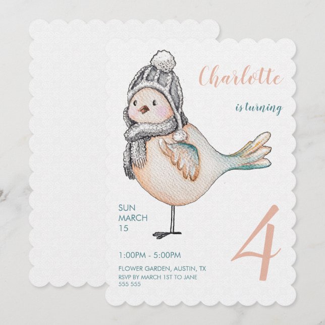 Cute Winter Sparrow Watercolor Illustration Holiday Card (Front/Back)