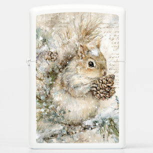 Cute Winter Squirrel Pine Cone Vintage Script Zippo Lighter