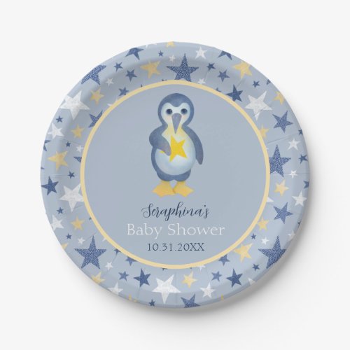 Cute Winter Star Penguin Baby Shower Paper Plates