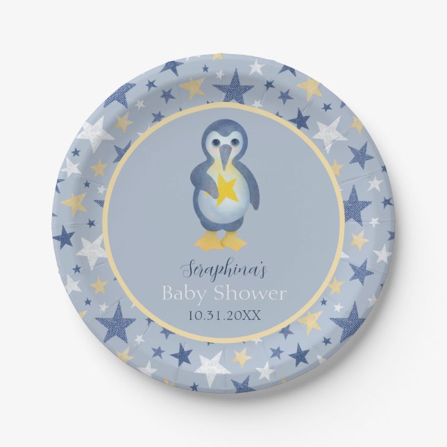 Cute Winter Star Penguin Baby Shower Paper Plates (Front)