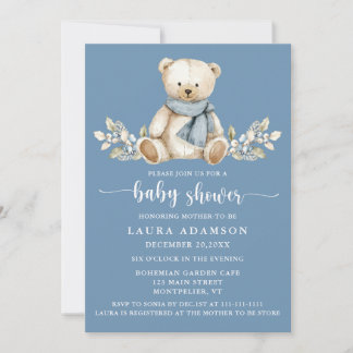 Cute Winter Teddy Bear Baby Shower Blue Invitation
