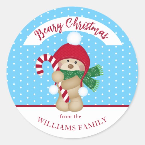 Cute Winter Teddy Bear Candy Cane Christmas    Classic Round Sticker