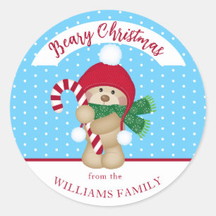 Cute Winter Teddy Bear Candy Cane Christmas Classic Round Sticker