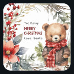 Cute Winter Teddy Bear Kids Christmas Gift Square Sticker<br><div class="desc">Cute personalized gift stickers to help make labelling presents that little bit easier during the festive season! Design features an adorable watercolor winter teddy bear, wrapped up warm in a little brown coat and a red buffallo chequered scarf, festive foliage, snow overlay and a template that easy to customize. Simply...</div>