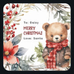 Cute Winter Teddy Bear Kids Christmas Gift Square Sticker<br><div class="desc">Cute personalized gift stickers to help make labelling presents that little bit easier during the festive season! Design features an adorable watercolor winter teddy bear, wrapped up warm in a little brown coat and a red buffallo chequered scarf, festive foliage, snow overlay and a template that easy to customize. Simply...</div>