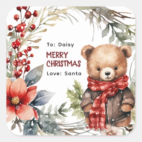 Cute Winter Teddy Bear Kids Christmas Gift Square Sticker