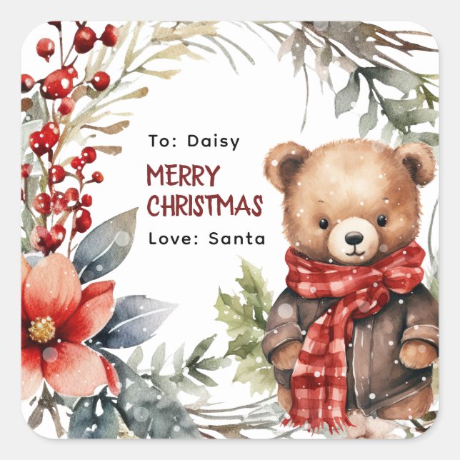 Cute Winter Teddy Bear Kids Christmas Gift Square Sticker (Front)