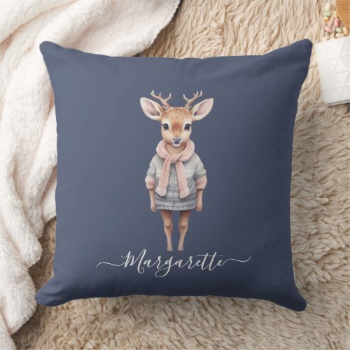 Cute winter theme pastel color deer custom name throw pillow