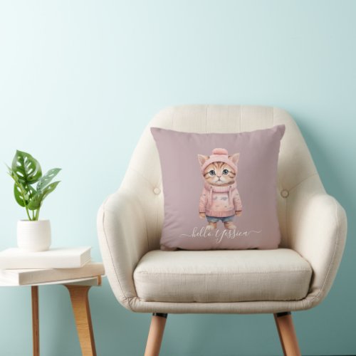 Cute winter theme pastel color kitten custom name throw pillow