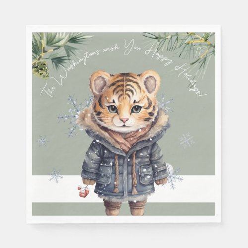 Cute Winter theme tiger illustrated custom  Napkins