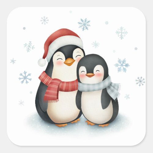 Cute Winter Themed Penguin Family Christmas Square Sticker