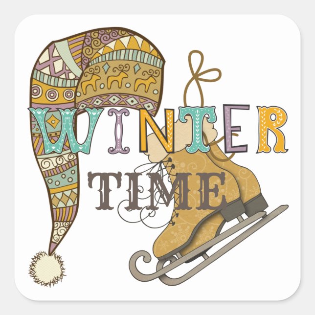 Cute winter time ice skates knit hat whimsical  square sticker (Front)