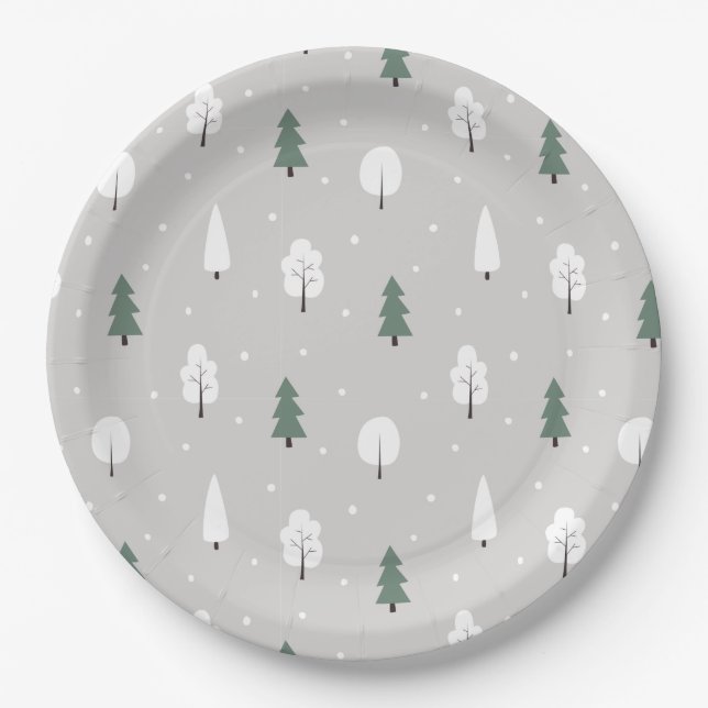 Cute Winter Tree & Snow Pattern Paper Plates (Front)