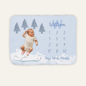 Cute Winter White Polar Bear Milestone Baby Blanket