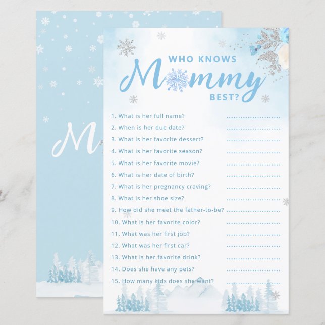 Cute Winter Who Knows Mommy Best Baby Shower Game (Front/Back)