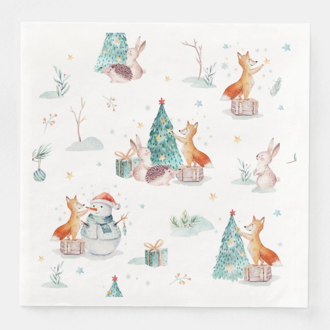Cute winter wonderland snowman woodland animals paper dinner napkins (Front)
