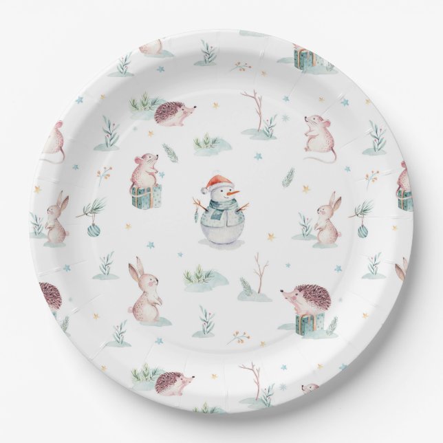 Cute winter wonderland snowman woodland animals paper plates (Front)
