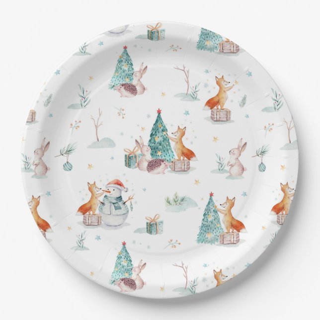Cute winter wonderland snowman woodland animals paper plates (Front)