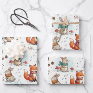 Cute Winter Woodland Fox & Bunny Watercolor Wrapping Paper Sheets