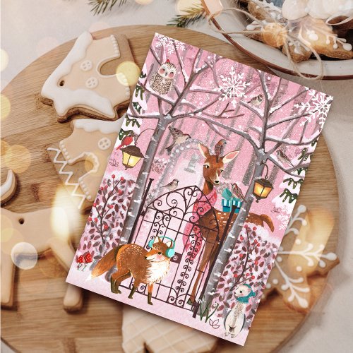 Cute Winter Woodland Pink Christmas Holiday Card