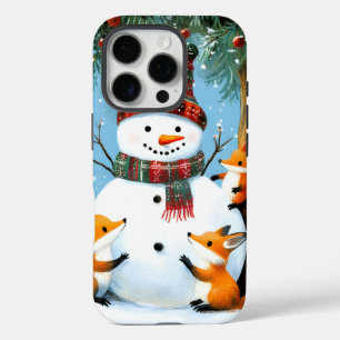 Cute Winter Woodland Snowman Foxes iPhone 16 Pro Case