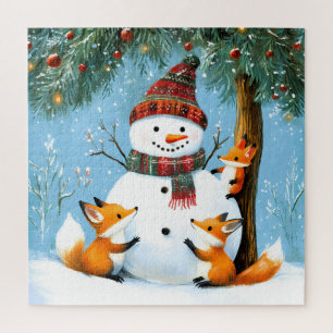 Cute Winter Woodland Snowman Foxes Jigsaw Puzzle