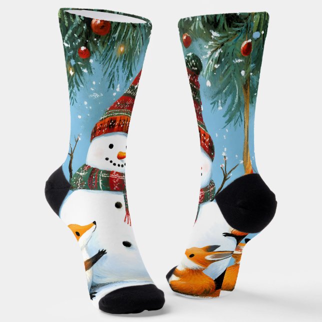 Cute Winter Woodland Snowman Foxes Socks (Angled)