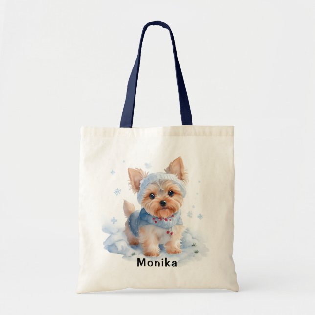 Cute winter Yorkshire Terrier Dog personalized Tote Bag (Front)