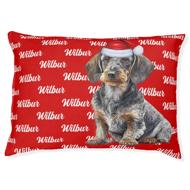 Cute Wirehair Dachshund with Dog's Name Holiday Pet Bed (Front)