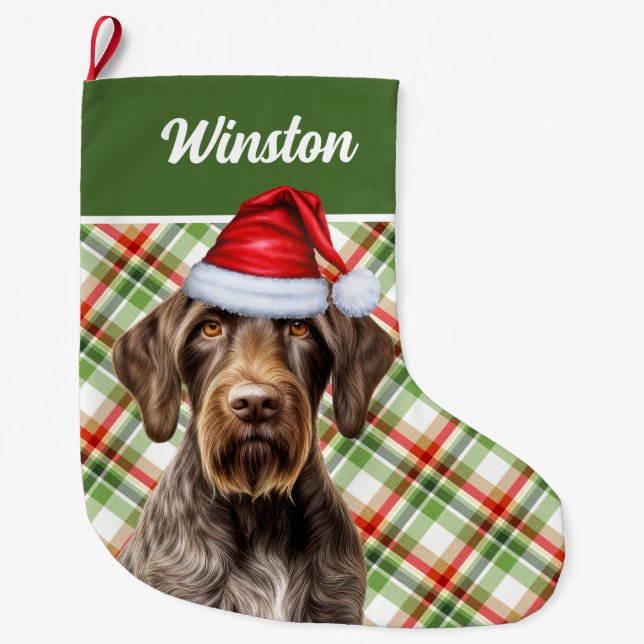 Cute Wirehaired Pointer Dog Red Green Plaid Custom Large Christmas Stocking (Front)