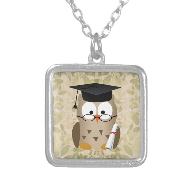 Cute Wise Owl Graduate Silver Plated Necklace (Front)