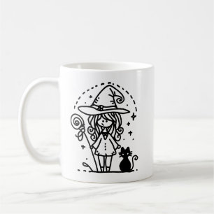 Cute Witch and Black Cat Doodle Coffee Mug