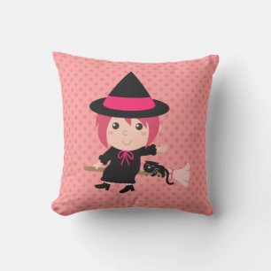 Cute Witch and Black Cat on Flying Broom Throw Pillow