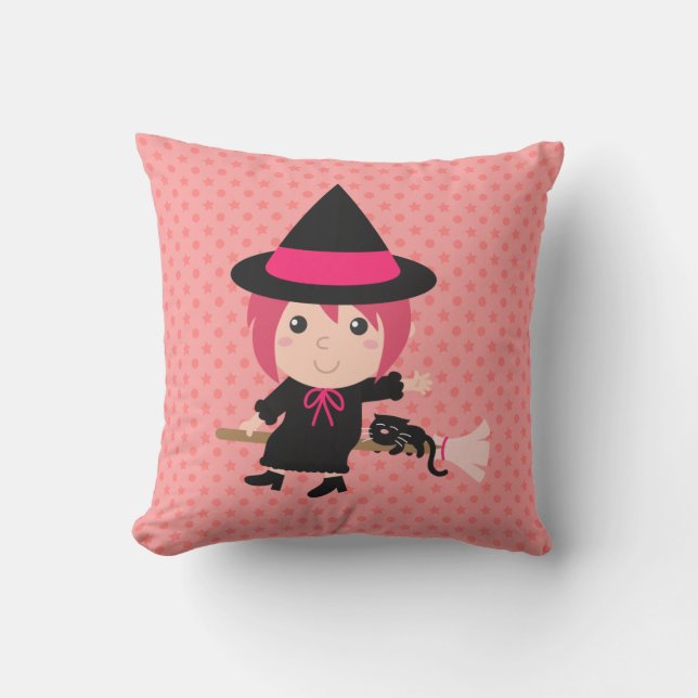 Cute Witch and Black Cat on Flying Broom Throw Pillow (Front)
