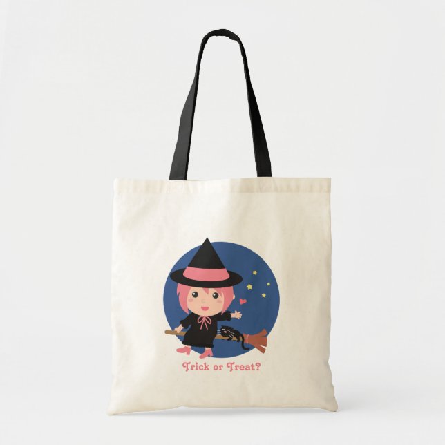 Cute Witch and Black Cat on Flying Broom Tote Bag (Front)