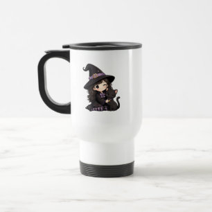 Cute witch and black cat trick or treat travel mug