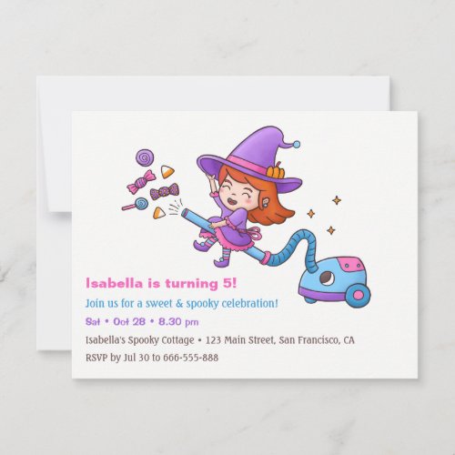 Cute Witch and Candy Birthday Party Invitations