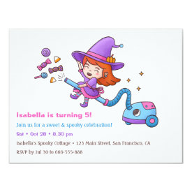 Cute Witch and Candy Birthday Party Invitations