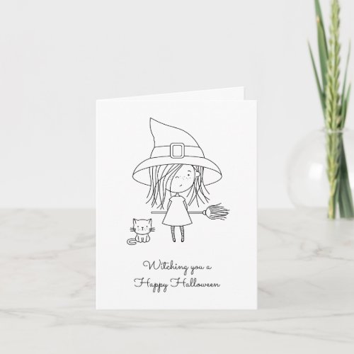 Cute Witch and Cat Halloween Coloring Card